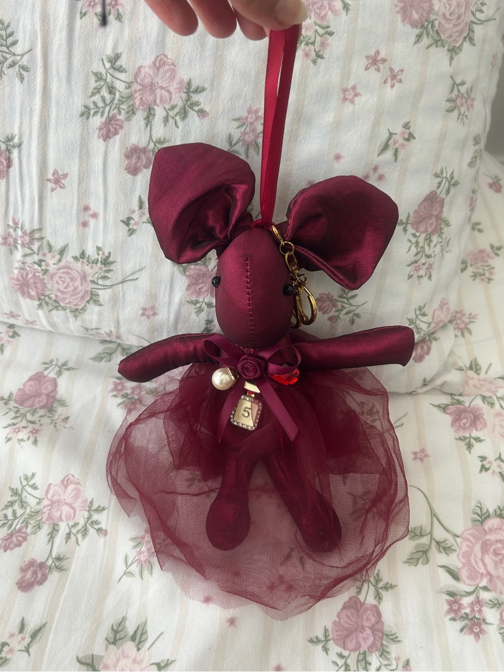 Burgundy Mouse Plush Bag Charm Keychain Tulle Tutu Dress No 5 Charm Coquette